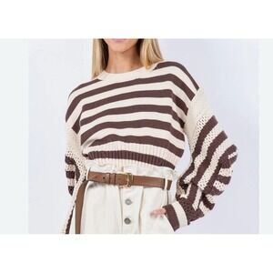 Cropped Cotton Sweater Neutral Balloon Sleeves Size Xs